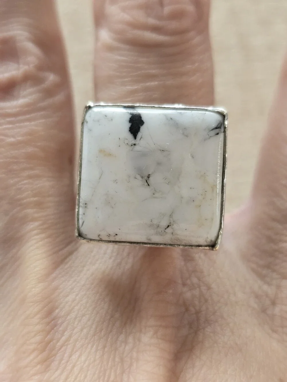 Square White Buffalo Ring In Silver Plated Copper, Southwestern